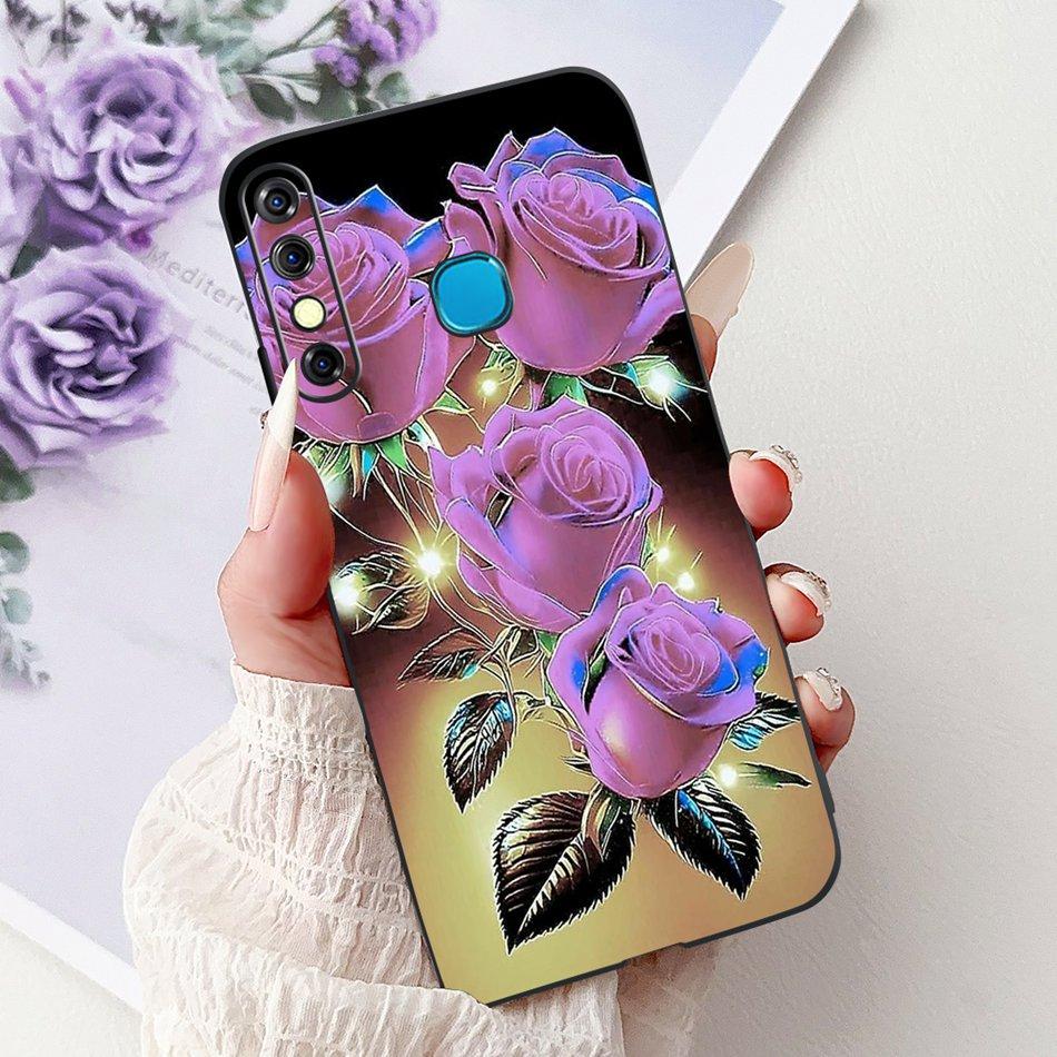 For Infinix Hot 8 Phone Case Hot 8 Lite Hot8 X650 X650C X650B X650D Elegant Floral Cat Pattern Black Silicone Soft TPU Cases