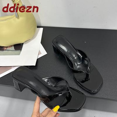 Мода Весна Лето Женские Туфли-Шлепанцы на Каблуке Туфли Мода Мелкие Женские Квадратный Каблук Шлепанцы Слайды Женские Вьетнамки Сандалии