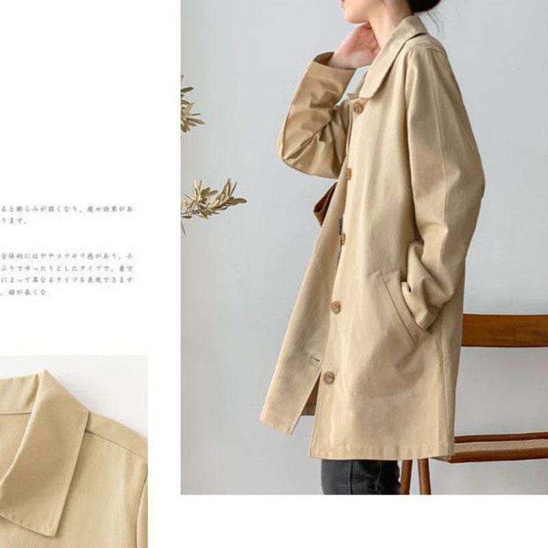 Polo Collar Trench Coat Solid Color Simple Casual Women's Thin Coat Mid Length Loose Single Breasted Design with Lining Cloth Spring Autumn