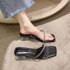 One-word Drag Trendy Shoes Crystal Slippers Women's Summer Outer Wear 2025 Summer New Fashion Temperament Thick Heel Transparent Cool Slippers