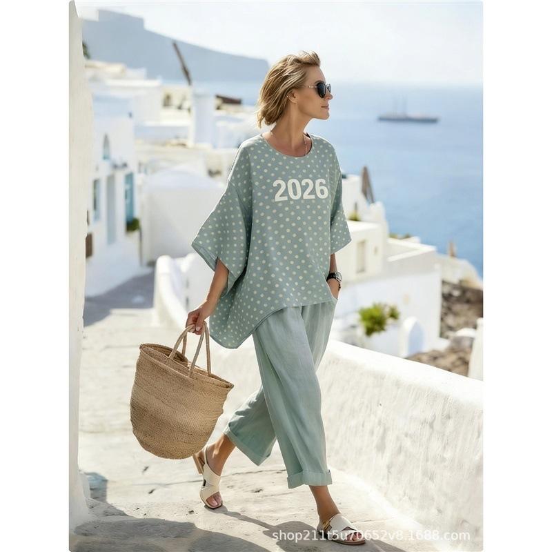 1116 New Bohemian Crew Neck 1D Full Printing Two-piece Set Women's Loose Casual Seaside Holiday Set
