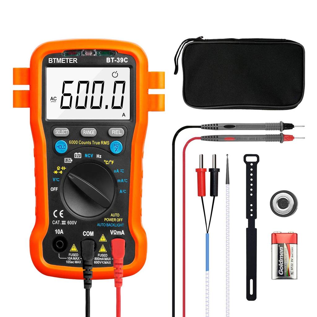 BTMETER BT-39C True RMS Digital Multimeter Auto Ranging DC AC Voltage Current Resistance Capacitance Temp Tester Auto Backlit Battery LED Indicator