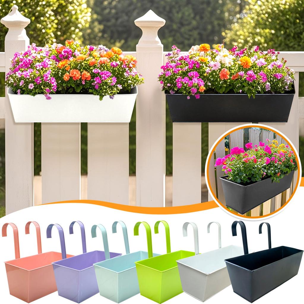 Outdoor Plants Planter Black Metal Iron Hanging Flower Pots Decks Railings Fence Buckets Modern Boho Wall Mount Window Box Plant Holder Hooks Porch
