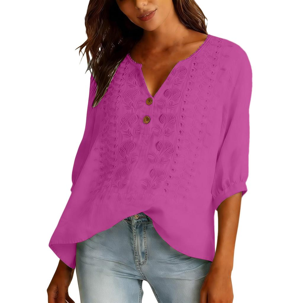 Women's Casual O-Neck Button Down Shirt Color 3/4 Sleeve Hem Split Cotton Blouse