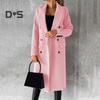 Women Woolen Jacket Turn-down Collar Solid Color Double-breasted Coat Mid Length Thermal Long Sleeved Commuting Dating Spring Fall Winter Overcoat