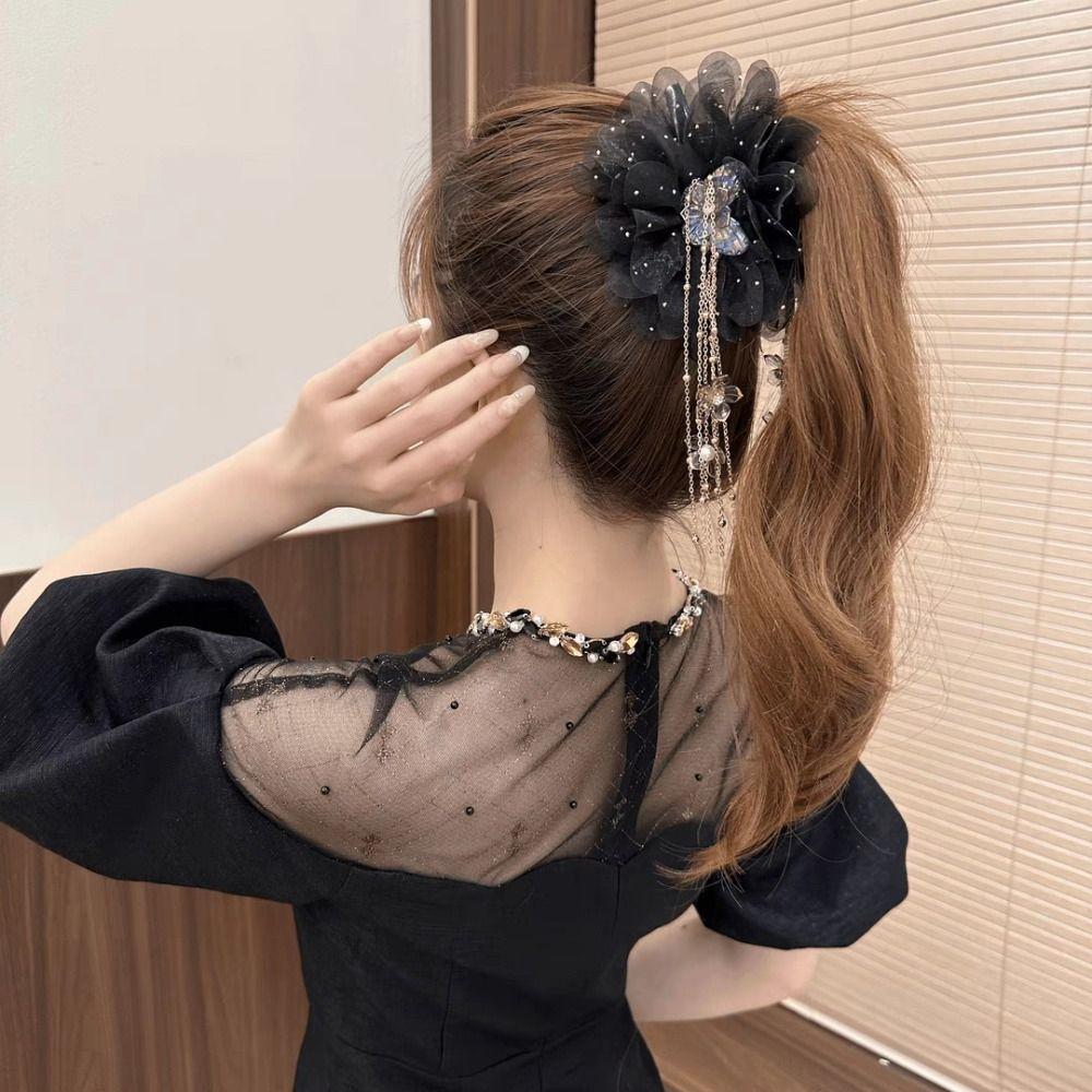 Peony Flower Shark Clip Mesh Hair Clip Fashion Grasping Clip Hair Accessories