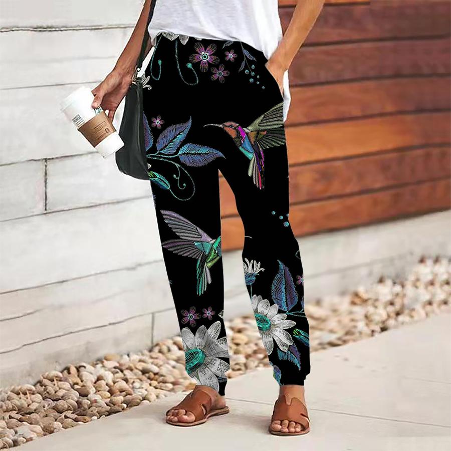 Женские брюки с принтом птиц, на шнуровке, с эластичной талией, свободные, повседневные длинные брюки, брюки с карманами