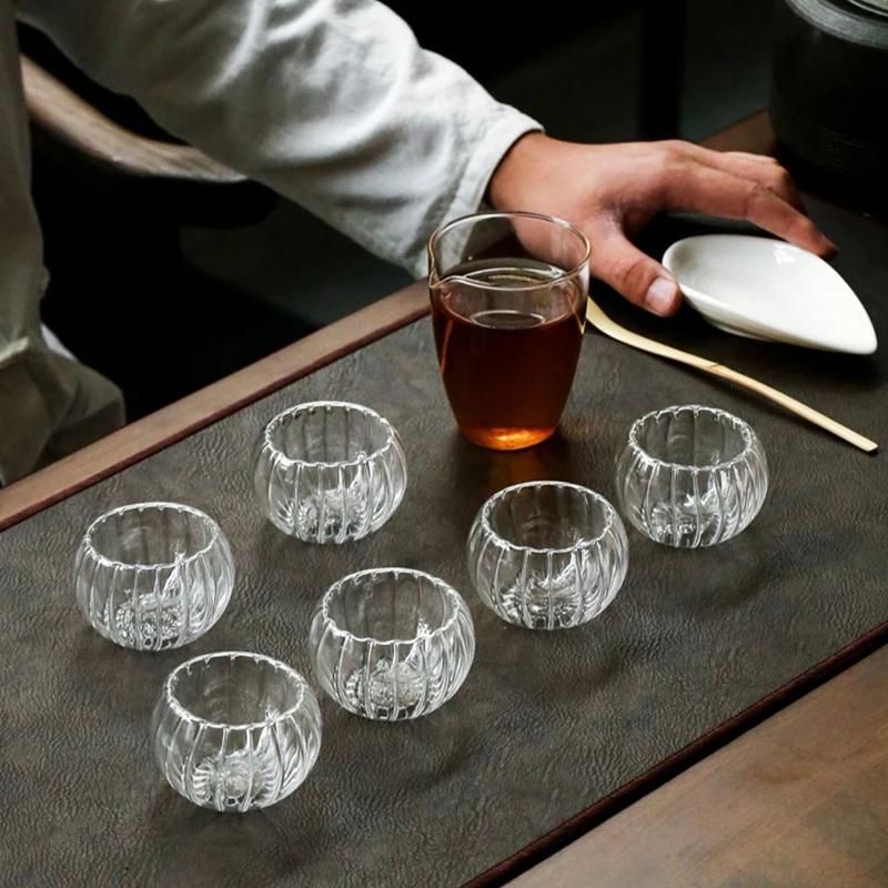 50ml Stripe Double-layer Glass Small Tea Cup Exquisite Heat Resistant Teaware Transparent Pumpkin Shape Puer TeaCup Water Cups