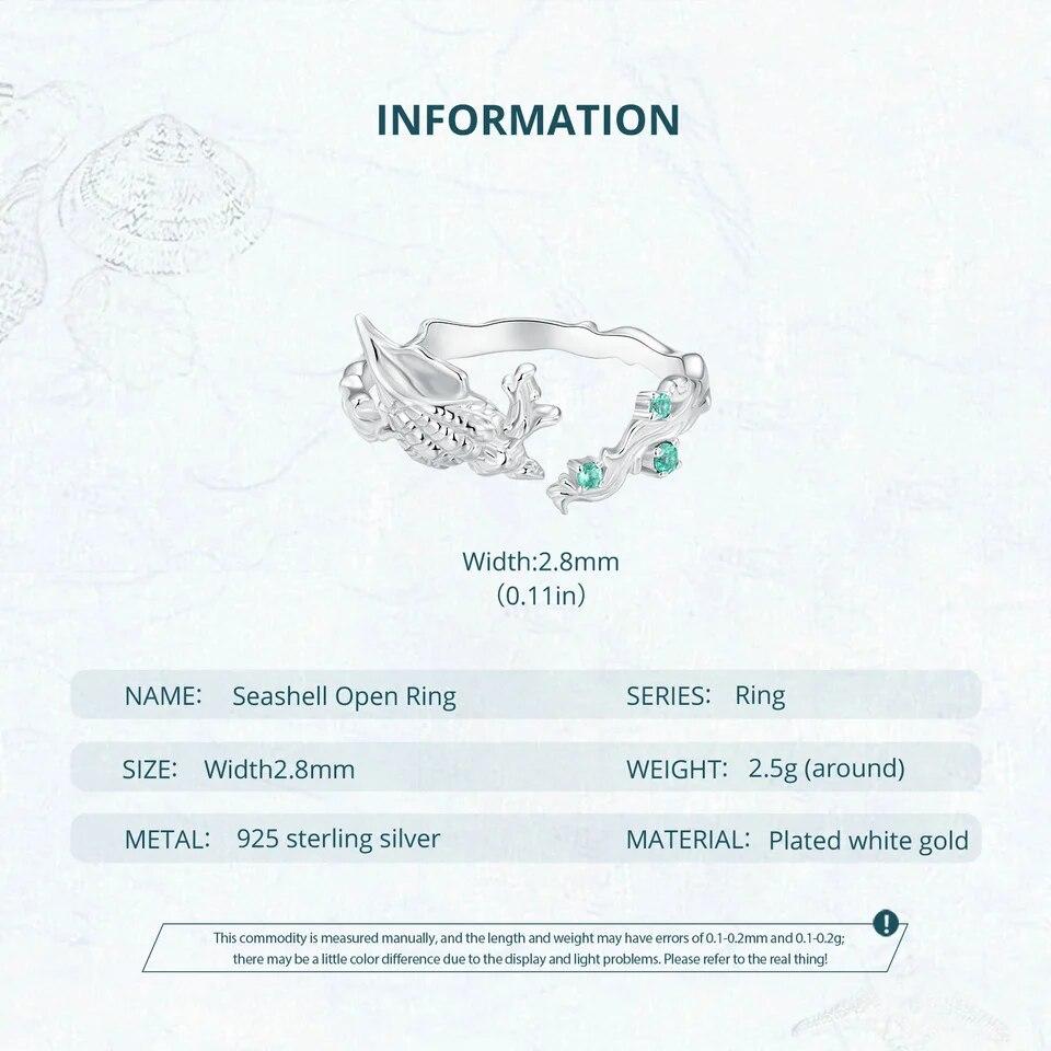 WOSTU Real 925 Sterling Silver Seashell Open Ring For Women Shiny Green Zircon Ocean Party Rings Holiday Gift