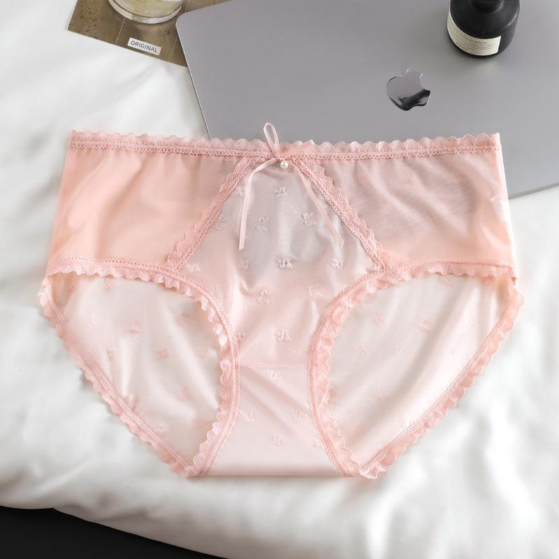 Female Spring and Summer Simple Sexy Lace Stitching Mesh 10A Grade Antibacterial Breathable Mid Waist Underwear