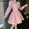 Japanese Autumn Women Mini Lolita Dress Square Collar With Lace Pink Plaid Black Beading Dress Flare Sleeve Cute Kawaii Feminine Dress