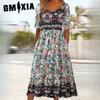 Summer Women's O-Neck Short Sleeve Long Boho Printed Dresses