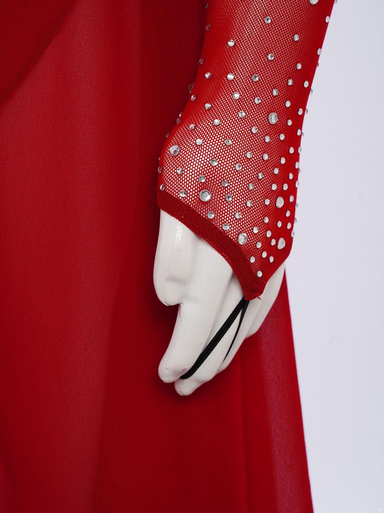 Платье для фигурного катания для девочек, сетчатые длинные рукава, воротник-стойка, вырез-капелька сзади, блестящие стразы, асимметричный подол, трико