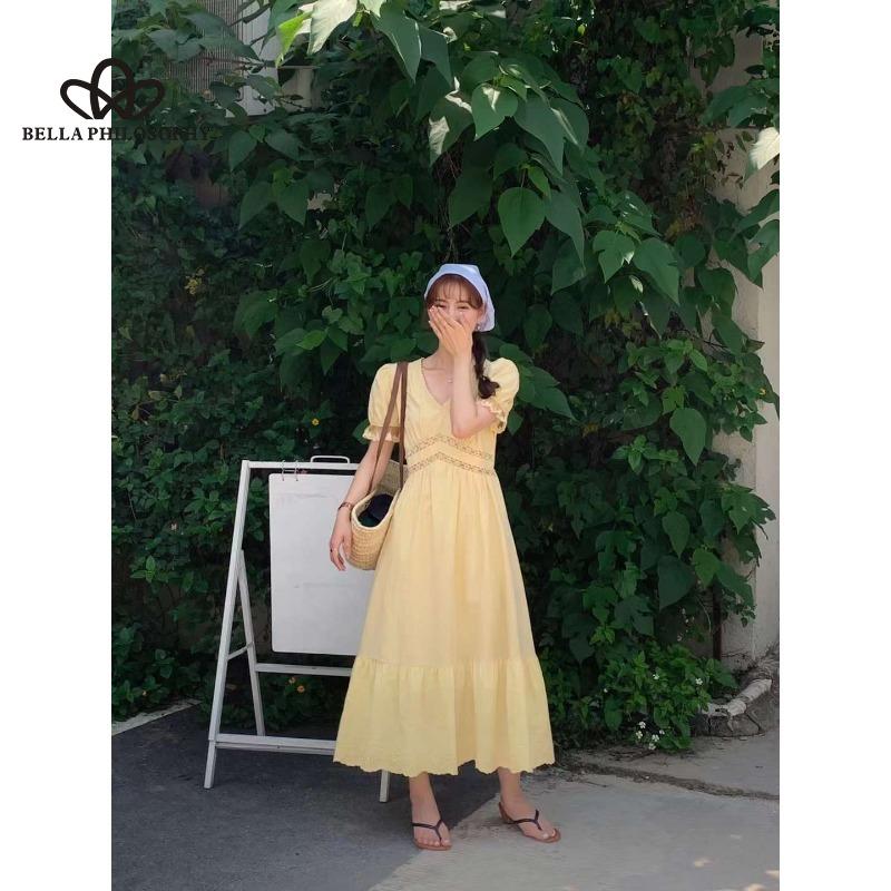 Summer New French Style Romantic Gentle V-neck Lace Stitching Puff Sleeve Tight Waist Slimming Solid Color Short Sleeve Dress