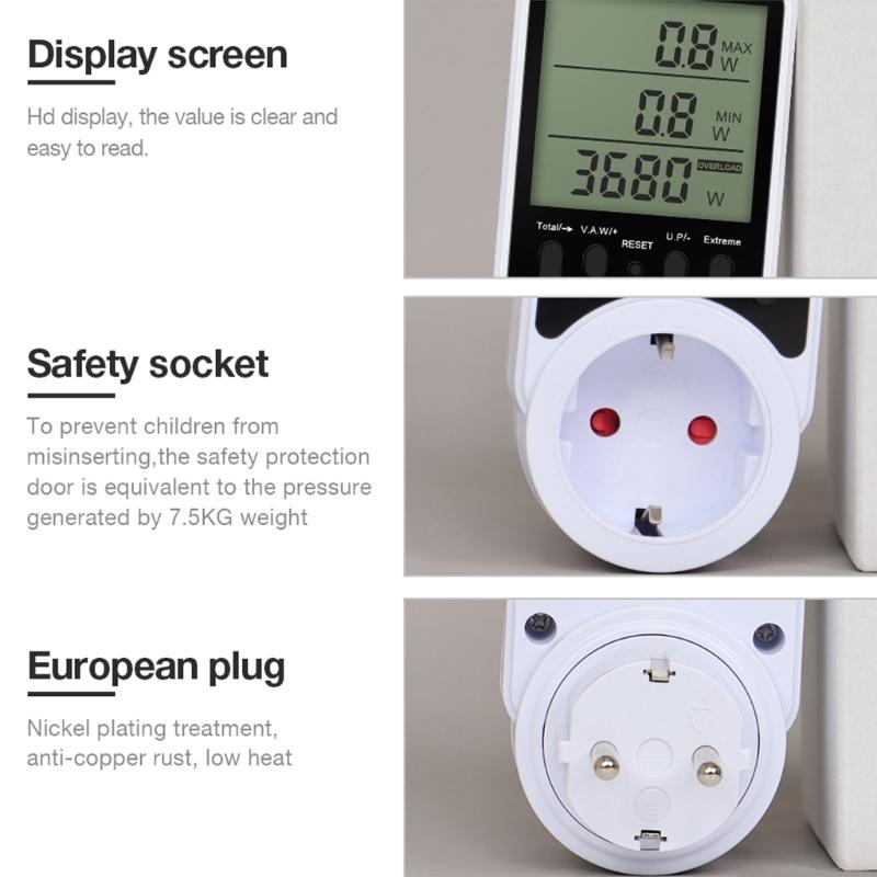 Voltages Current Power Monitor With LCD Display 16A 3680W Plug-in Socket Power Meter with Overloads Protections For Home
