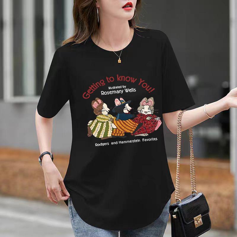 T-shirt Loose Top Black Cotton Round Neck Short Sleeve Women's Summer Curved Hem Split Fork Medium and Long Butt Cover