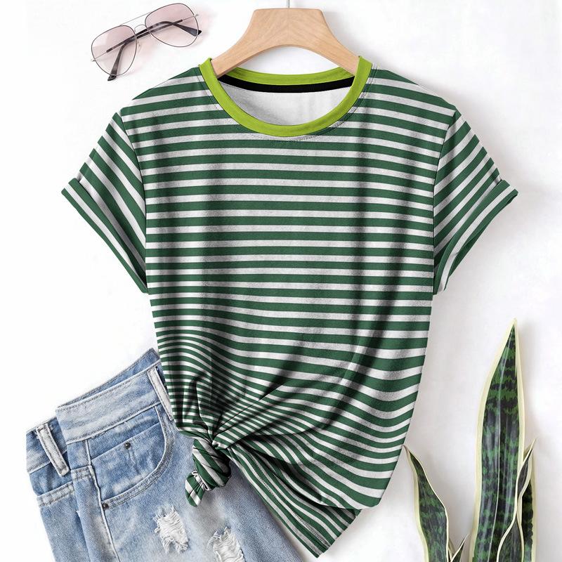 Striped Casual Sports Women's T-shirt Summer Round Neck Short Sleeved Element Pattern Checkered Loose Fit T-shirts