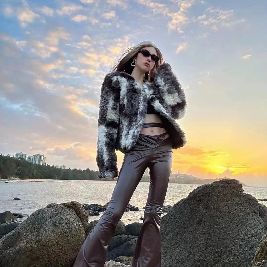 Черно-белое пальто из овечьей шерсти с брызгами краски, женское, с чувством дизайна, имитация лисьего меха, короткий мех, мех, осень и зима, новое