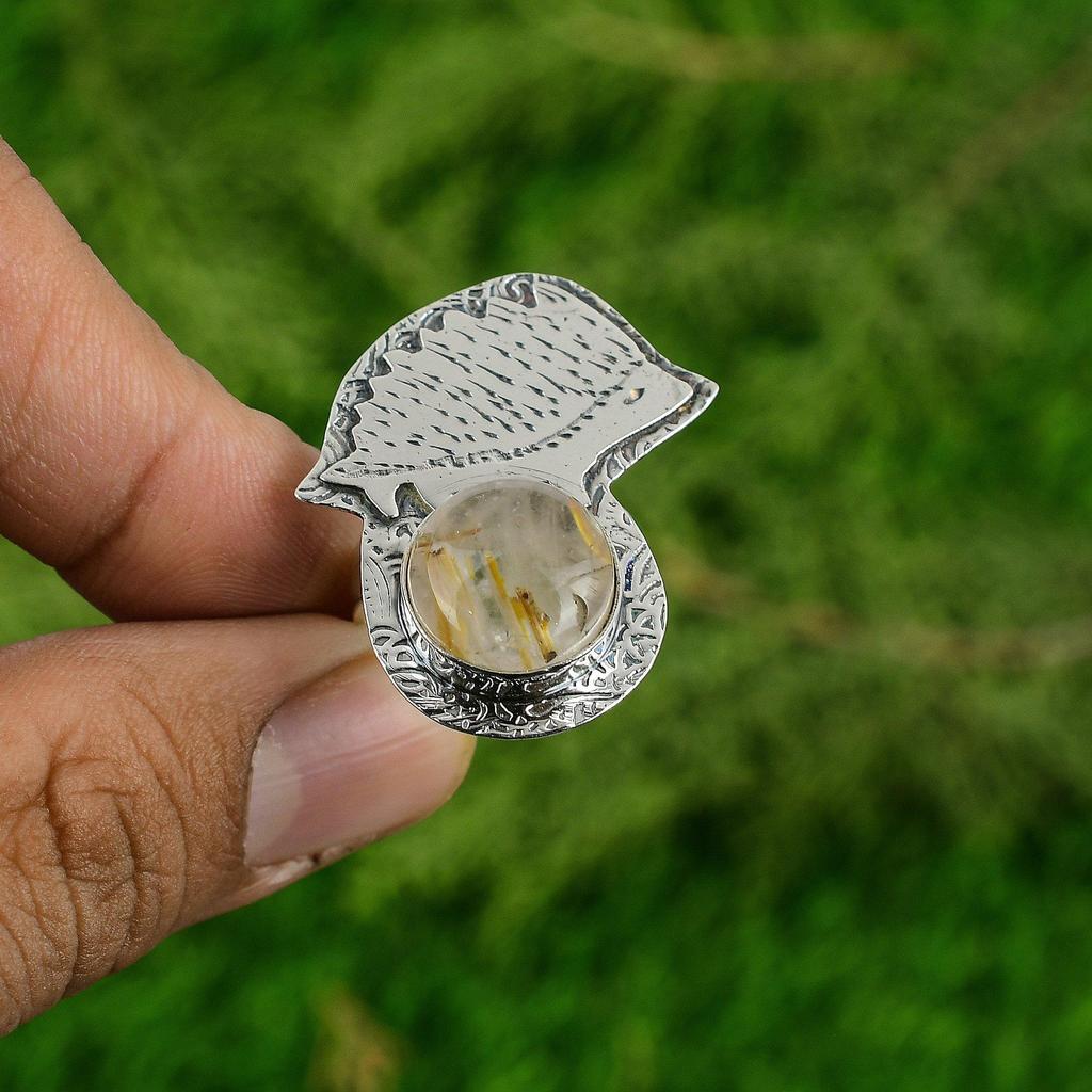 Thanks Giving Day Sale 925 Silver Golden Rutile Stone Sister Birthday Bezel Ring