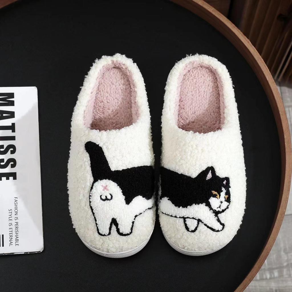 2025 Lovely Cat Embroidery Stuffed Slippers Home Men Women Furry Shoes 2024 Autumn Winter Fur Slides Fuzzy Fun Animal Pet Slippers