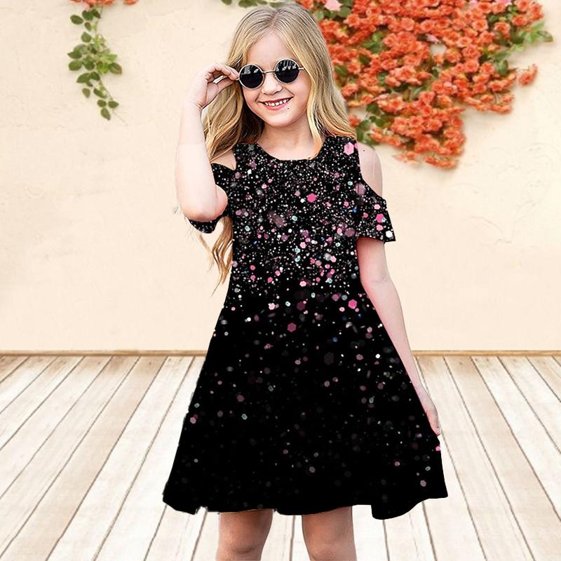 Girls Floral Gold Sequins Print Dresses Kids Girl Party Off Shoulder Dress Princess Dress Short Sleeved Dress Over Four Years Old