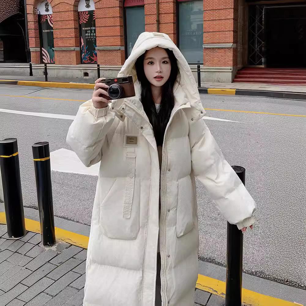 Зимняя пуховая куртка для женщин, средней длины, новый стиль, утолщенное пальто-пуховик до колена, хлопковая куртка с капюшоном