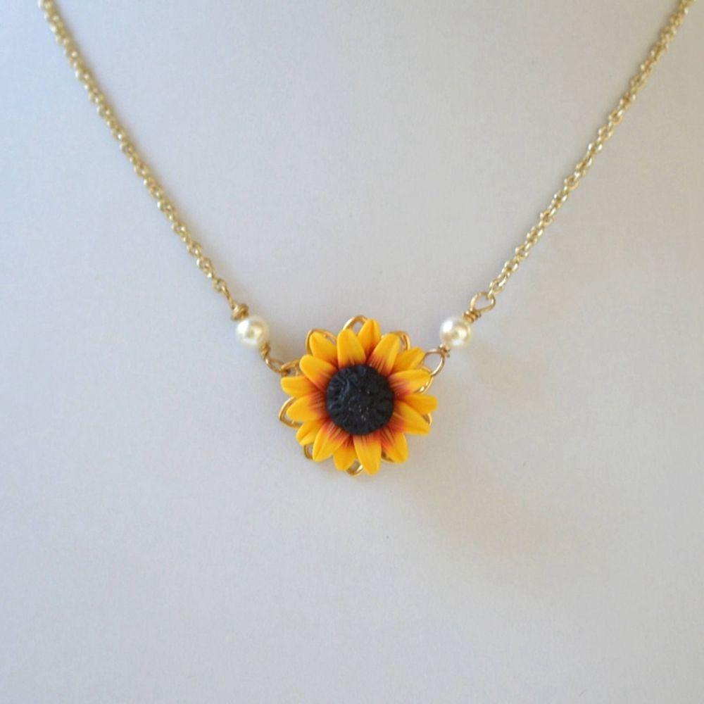 Women Romantic Jewelry Gold Plated Sunflower Necklace Chain Pearls Flower Pendant