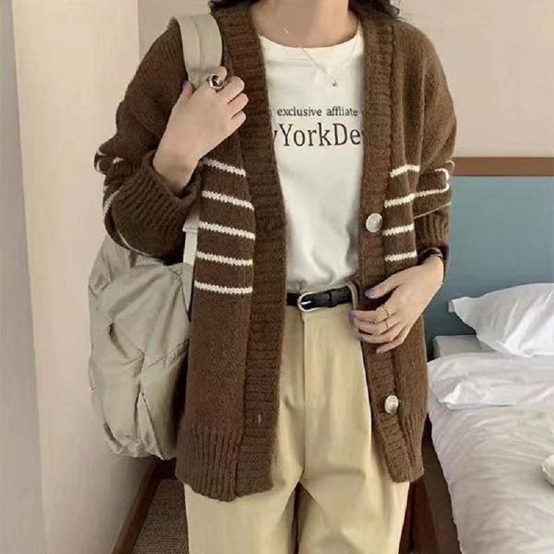 Women's Slimming Knit V-Neck Striped Cardigan - Japanese & Korean Design, Casual & Loose, Autumn/Winter Fashion.
