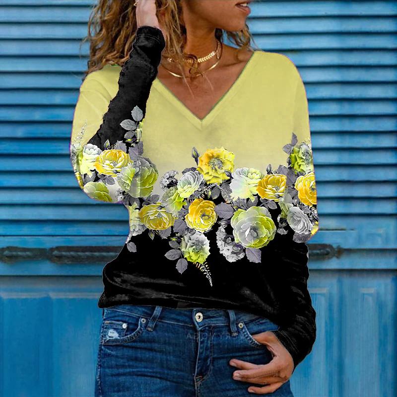 Женские футболки с 3D принтом розы, женские топы, пуловер с длинным рукавом и v-образным вырезом, женские футболки, футболка для женщин