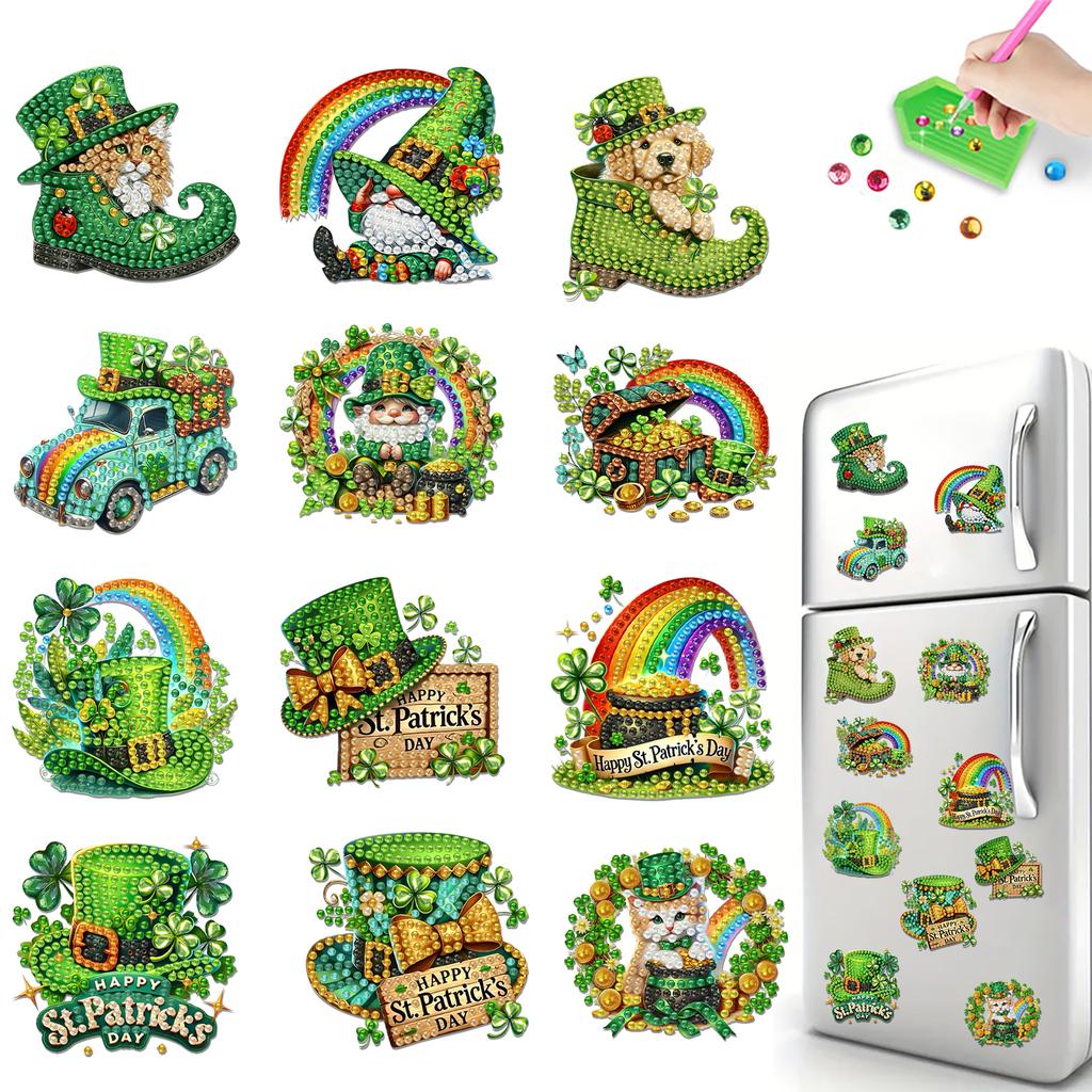 12Pcs St Patricks Day DIY Diamond Painting Magnets Kits Diamond Art Stickers Refrigerator Painting Kits for Beginners Home Decor