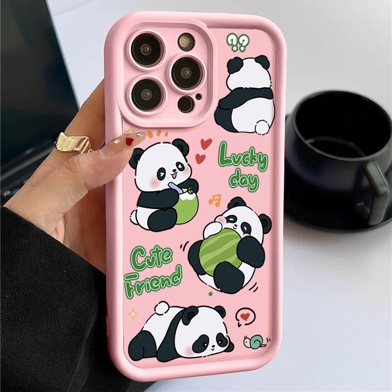 Lucky Panda Pattern Solid Color Shell для iPhone 16 Pro 15 14 Plus 13 12 Pro Max 11 Xs Xr 8 7 Ударопрочный мягкий TPU защитный чехол для объектива от падений