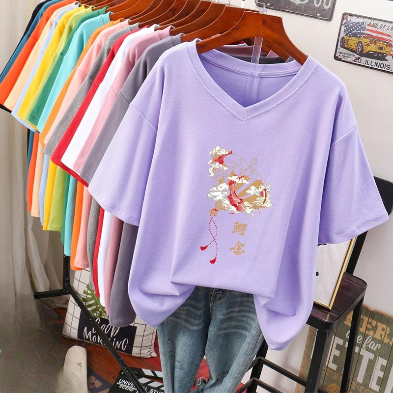 Футболка с коротким рукавом, Свободного кроя, Приталенный топ с V-образным вырезом с принтом для женщин