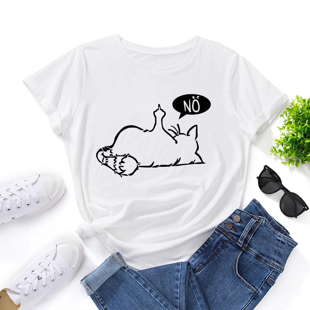 Cat No Cartoon Pattern Cotton T-Shirt Short Sleeve Round Neck Women 2d Print Tops