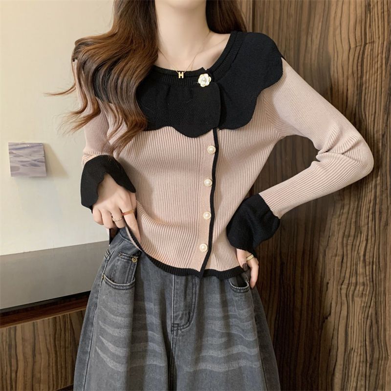 Вязаный свитер с французским кружевным вырезом для женщин с длинными рукавами, короткий свитер, нижний верх