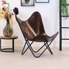 Comfortable Arm Rest Living Room Dark Brown Leather Butterfly Chair with Golden Powder Coated Iron Stand