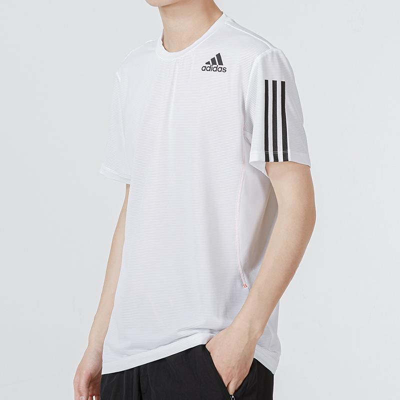 Adidas Мужская футболка с однотонным логотипом в полоску и небольшой вышитой эмблемой, белый цвет H16877