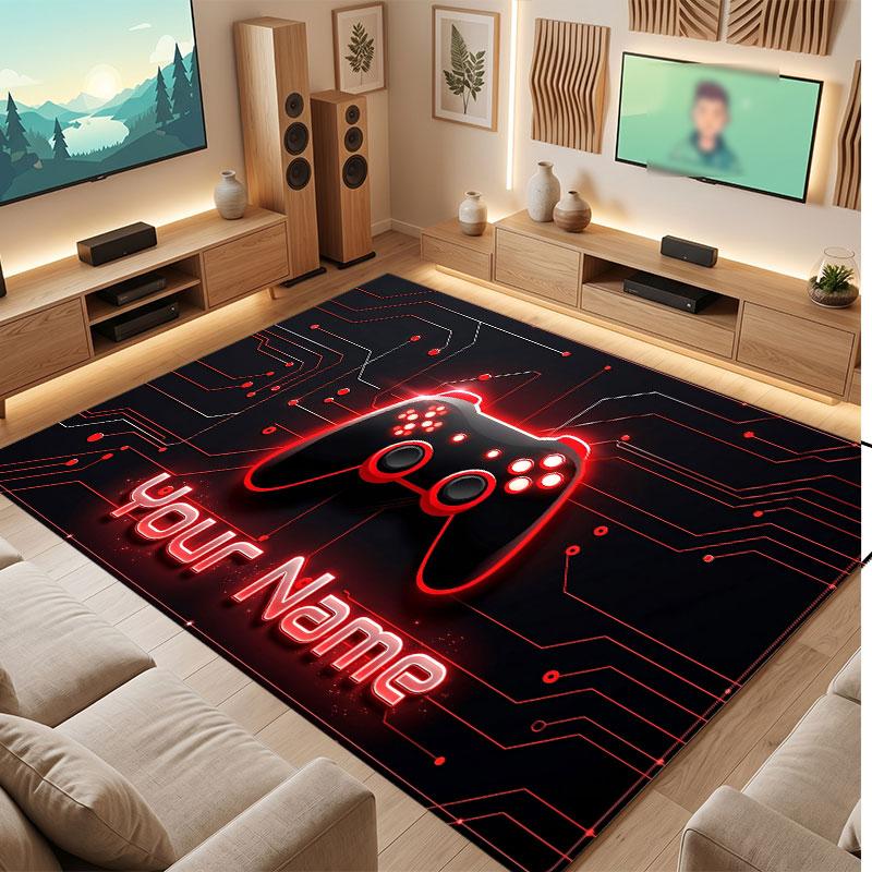 Game Controller Theme Crystal Velvet Floor Rug Personalized Custom Name Text Warm Carpet Home Decoration