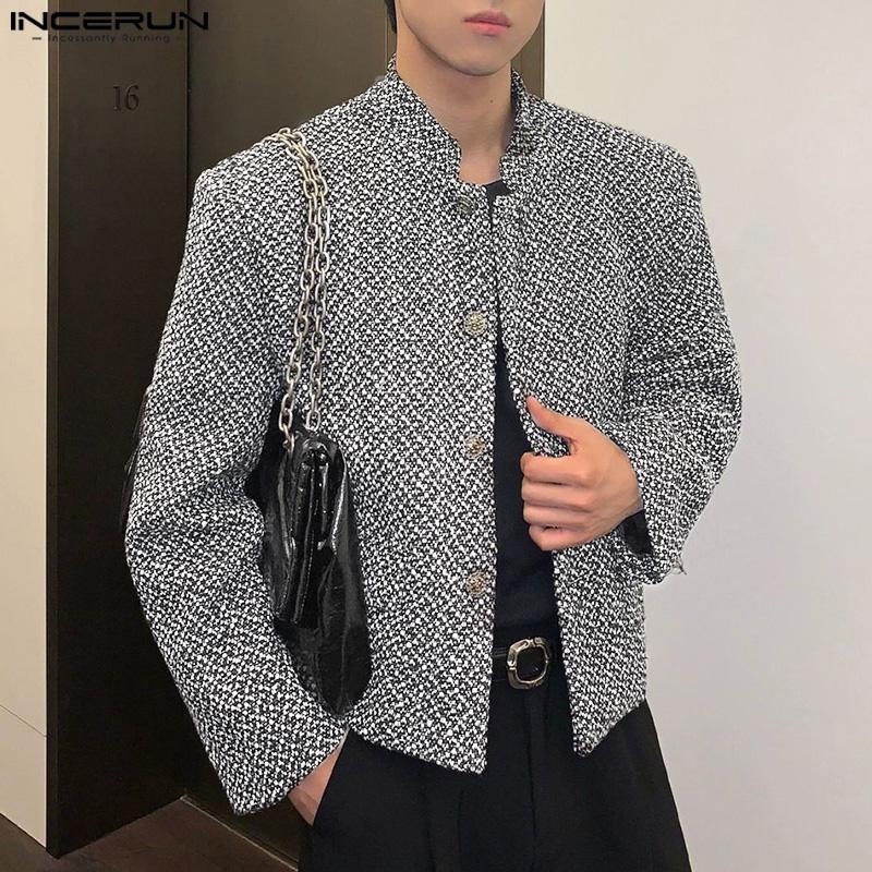 INCERUN Winter Autumn Vintage Men Stand Neck Long Sleeve Casual Buttons Texture Jackets Coats
