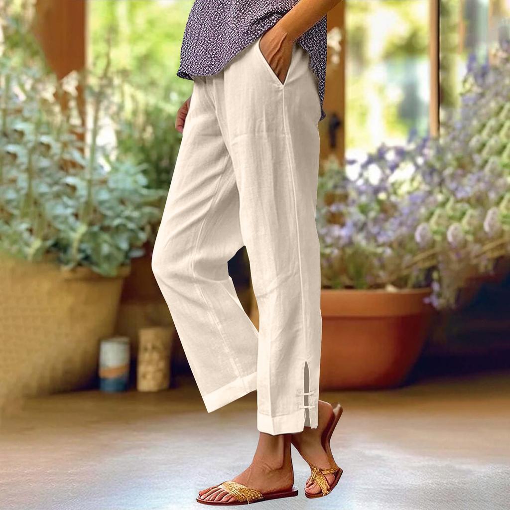 Женские модные повседневные брюки, однотонные прямые брюки с эластичной резинкой на талии и карманами