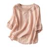 Women's Cotton Linen Embroidery Shirts Hollow Out Shirt with Half Sleeves Vintage Casual Summer Blouse for