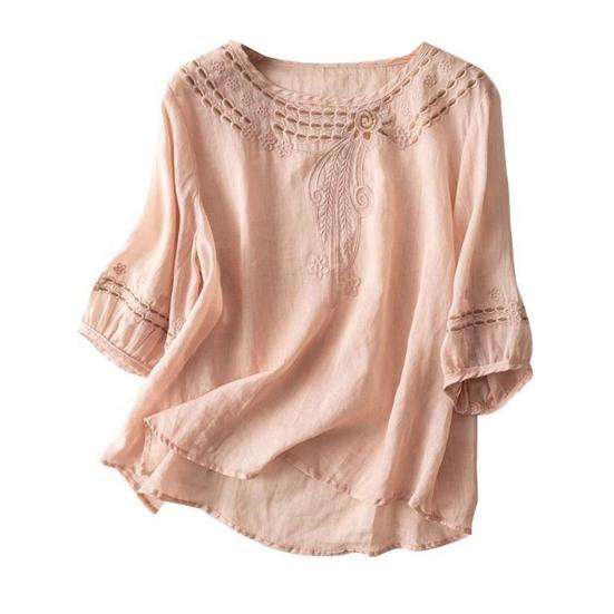 Women's Cotton Linen Embroidery Shirts Hollow Out Shirt with Half Sleeves Vintage Casual Summer Blouse for
