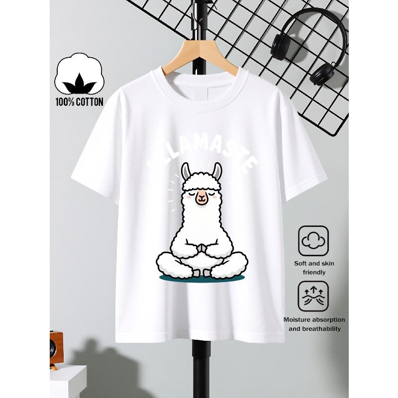 European sizes Boys T Shirt Casual Short Sleeve T-Shirt with Llama Meditation Yoga Pose Art Graphic Print-- Fun Summer Design