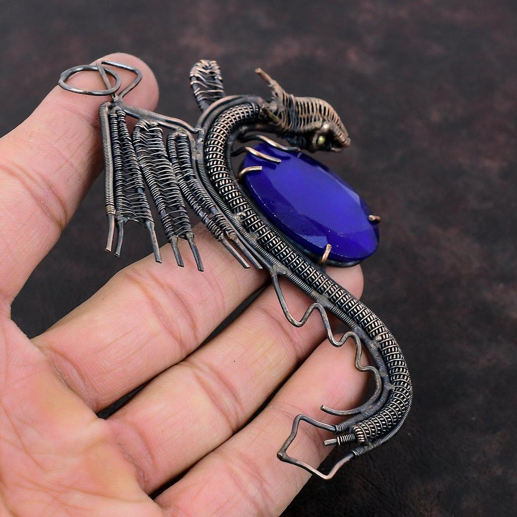 Кулон с граненым синим сапфиром, кулон из медной проволоки, кулон ручной работы с драконом, ювелирные изделия из медной проволоки, кулон из настоящего драгоценного камня, подарок для мамы