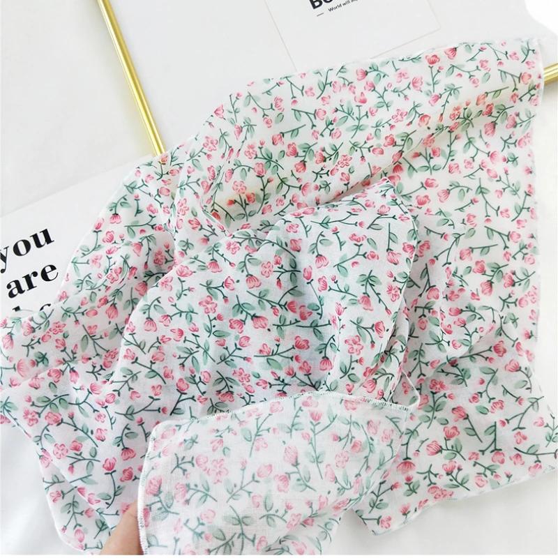 Floral Print Neckerchief Small Hijab Scarfs Women Fashion Handkerchief Neck Scarf Shawls Cotton Blends Korean Hair Scarves 58CM
