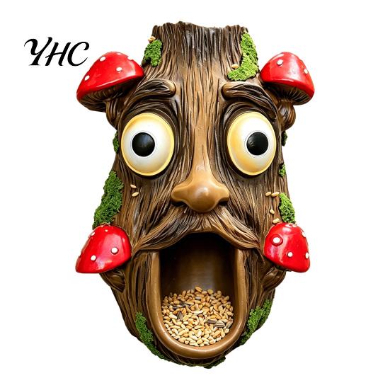 Unique Garden Ornament Tree Face Bird Feeder, Funny Sculpture, Fence Mount Feeder Outdoor Decorative for Trees Fences Posts Walls