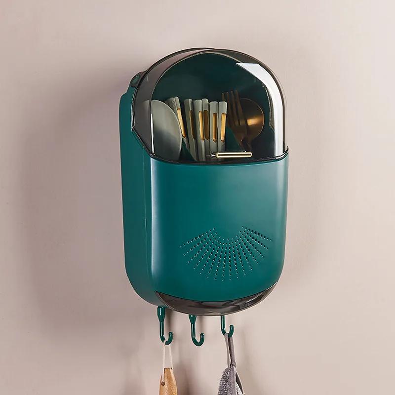 Wall-Mounted Dustproof Chopstick Holder Multi-functional Cutlery Holder Kitchen Knife Fork Spoon Container with Lid for Drainage