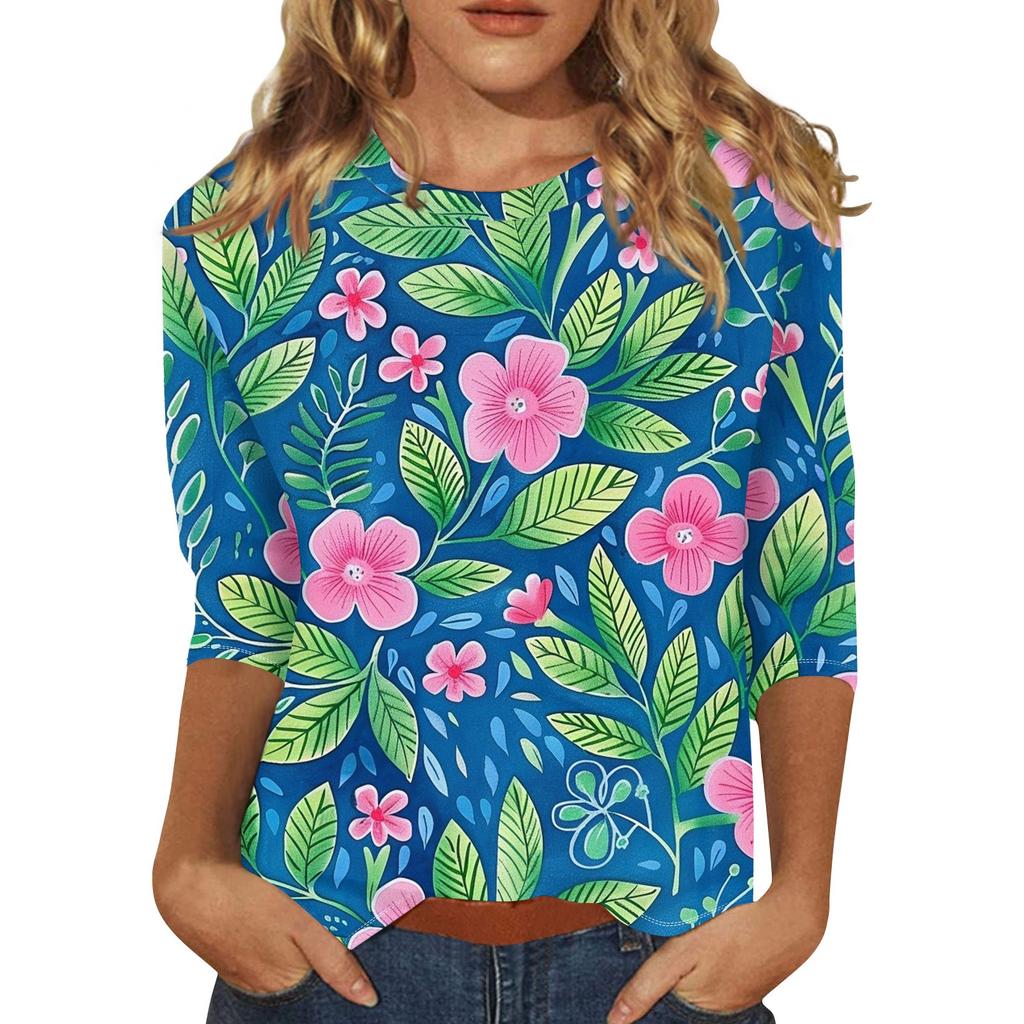Women's Floral Print Round Neck Top With Three Quarter Sleeves T-Shirt Three Quarter Sleeves T-Shirt