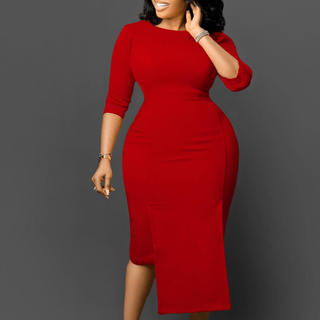 Женское деловое платье большого размера с круглым воротником и средними рукавами, элегантное цельное однотонное платье-футляр