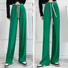 Summer Casual Pants Elastic High Waist Adjustable Drawstring Long Trousers Solid Color Pleated Straight Wide Leg Pants
