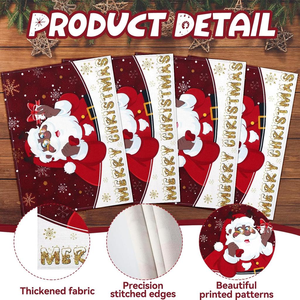 DECYOOL n n Christmas Placemats Set of 4, 12.5x17 Inch Black Santa Christmas Table Mats Merry Christmas Place Mats for Kitchen Xmas Party Winter Home